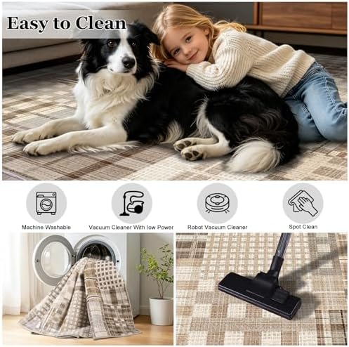 Rezutan Washable Area Rug 8x10, Modern Geometric Plaid, Non-Slip, Beige