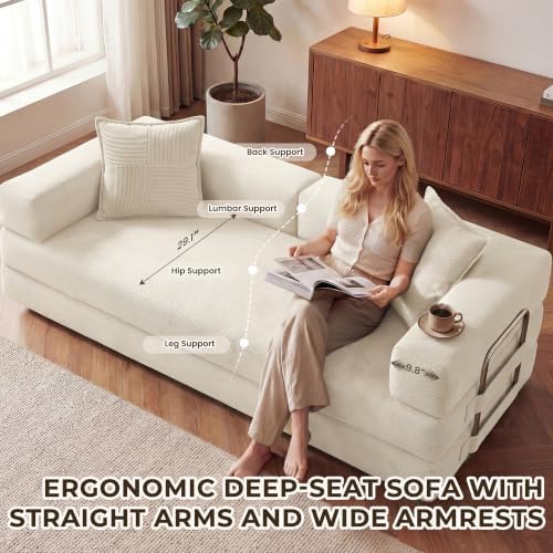 GRUSIGN 78" 5-in-1 Convertible Futon Sofa Bed, Boneless Corduroy, Beige