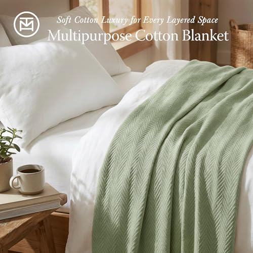 Threadmill Luxury 100% Cotton Queen Herringbone Blanket, Sage Green