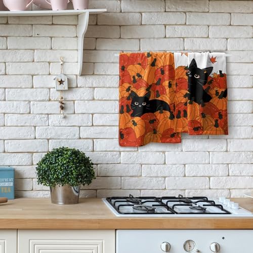 Fall Black Cat Pumpkins Bathroom Towels Set Autumn Leaves Hand Towels Thanksgiving Maple Leaves Kitchen Towels Pumpkin Harvest Dish Towels Absorbent Fingertip Towel for Hotel Beach Gym Spa 28x14 inch