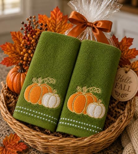 Fall Farmhouse Green Bathroom Hand Towels , Orange & Gold Pumpkins, 16"x25" | Set of 2, 100% Cotton, Embroidered Harvest Design, Fancy Trim, Perfect for Parties & Gifts, Kitchen & Bath Decor Accent