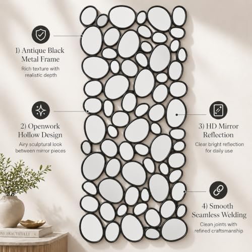 Black Mosaic Wall Mirror, 27.55" x 55" Large Pebble Geometric Decor...