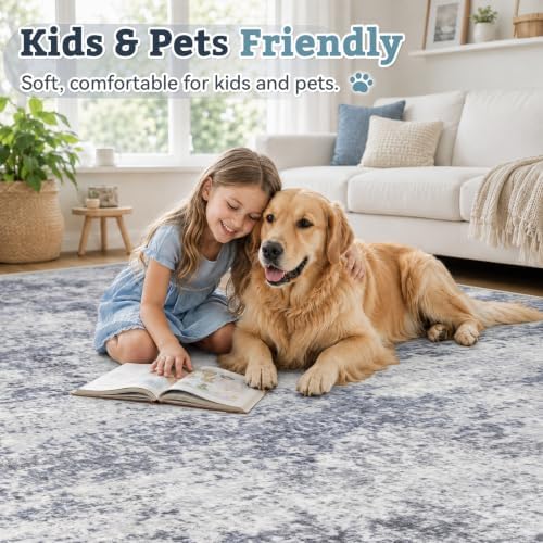 6x9 Area Rugs for Living Room: Washable Abstract Rug Blue Grey