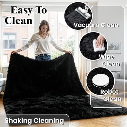8x10 Fluffy Area Rug for Living Room: Soft Non-Slip Black Bedroom Carpet