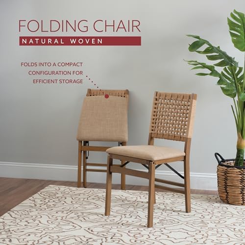 Linon Bennett Natural Folding Chair with Woven Rope Back and Linen Upholstere...