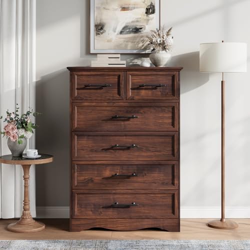YANSNWO Walnut 6 Drawer Dresser for Bedroom, 44" Tall Chest of Drawers