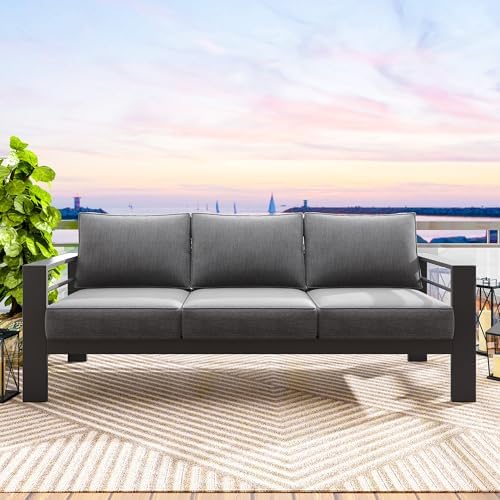 Aluminum Outdoor Couch, 3-Seat Metal Patio Sofa with 10" Back Cushion
