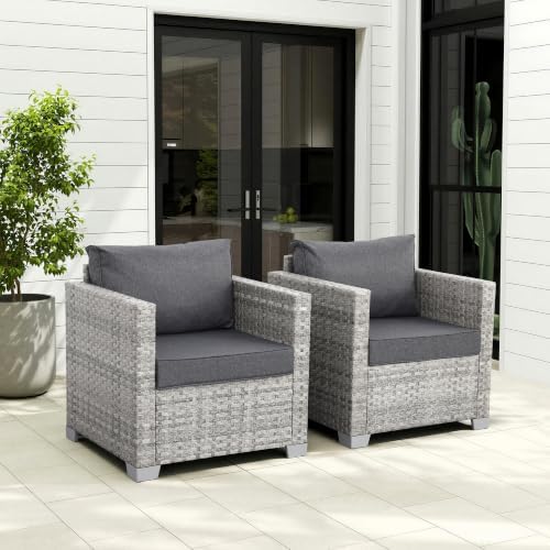 WAROOM Patio Chairs Set of 2 Wicker Outdoor Sofa, Porch Single Chair Grey Rat...