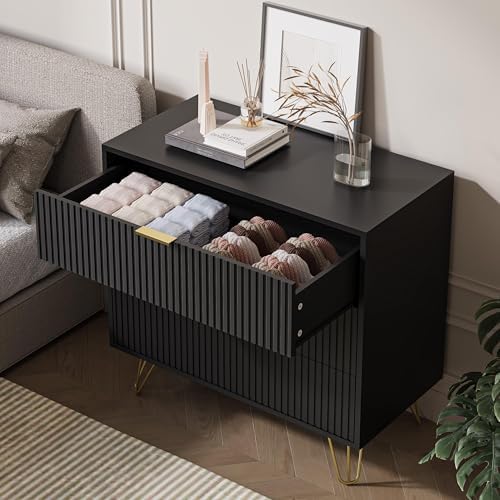 Black 3 Drawer Dresser for Bedroom, Fluted Dresser with Gold metal Handles