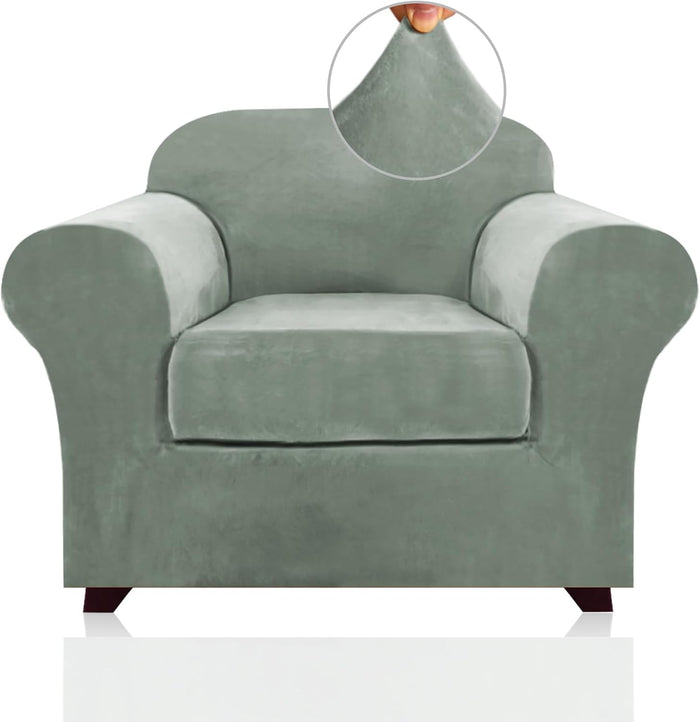 Velvet Plush Couch Cover Stretch 2 Piece Chair Cover Chair Slipcover Washable Furniture Protector Couch Soft with Elastic Bottom Armchair Cover Width Up to 49 Inch(Small, Seagrass)
