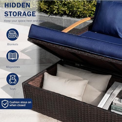 Outdoor Patio Rattan Daybed, Navy Blue/Rustic Brown