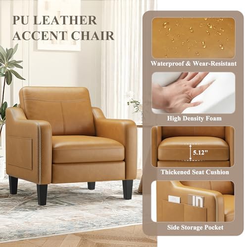 MALOL PU Leather Accent Chair, Mid-Century Modern Living Room Armchair Sofa w...