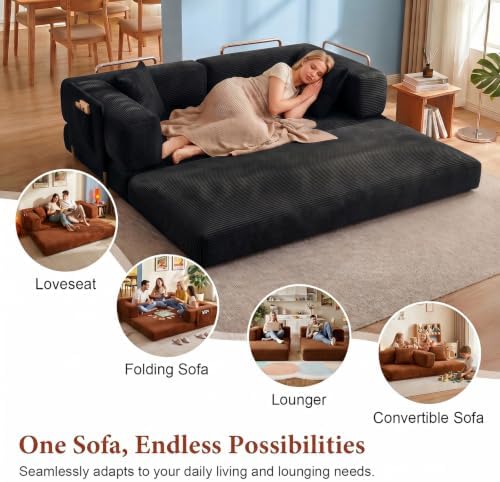 Convertible Futon Sofa Bed | 78.8” Corduroy Boneless Couch with Pull Out Sofa...