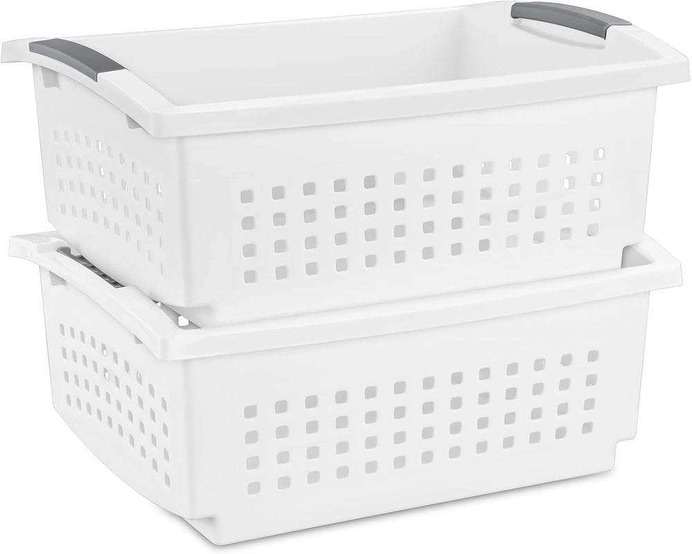 Sterilite Large Stacking Basket Plastic Storage Organizer, White, 4-Pack
