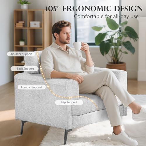 CDCASA Oversized Accent Chair, Linen Mid Century Chair 1PC, Light Gray