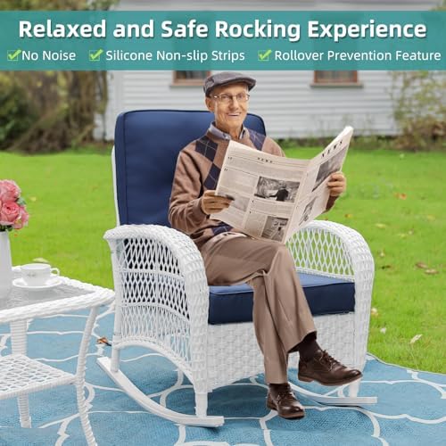 MEETWARM Outdoor Wicker Rocking Chair, Rattan Patio Rocker Chairs with Cushio...