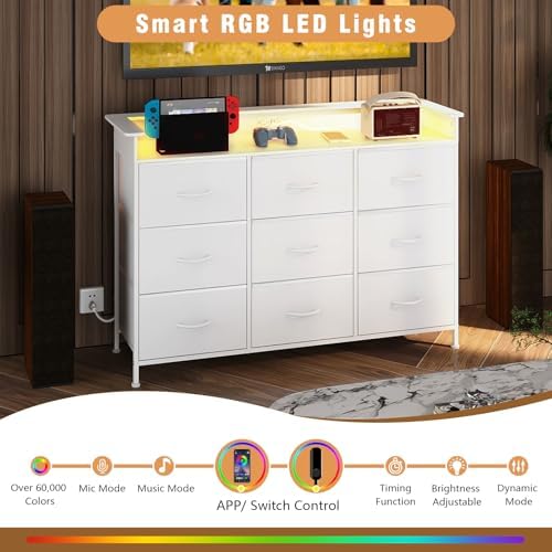 EXOTICA White Dresser with LED Light for Bedroom 9 Drawer Dressers with Charg...