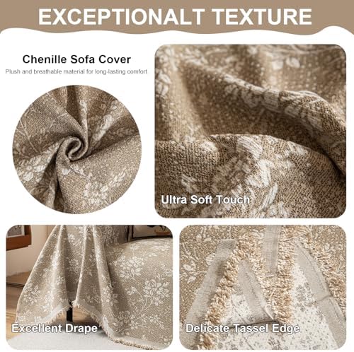 VClife Vintage Floral Bohemain Couch Cover, Soft Breathable Chenille Sofa Cover for Sectional Sofa L Shape, Modern White Taupe Botanical Sofa Slipcover Futon Cover for 2 Cushion Couch Sofa 71''x118''