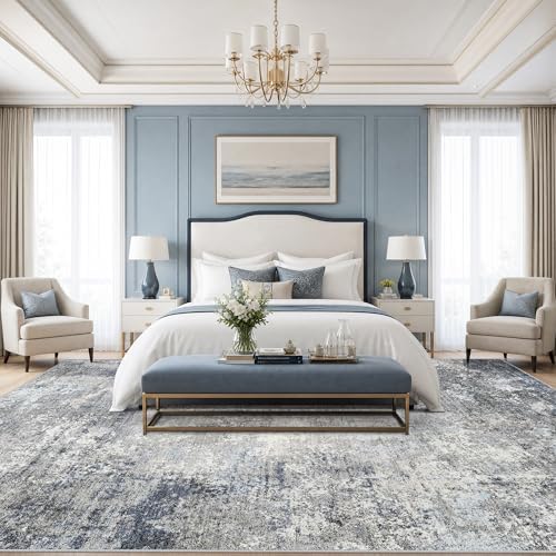 12x15 Extra Large Area Rug for Living Room Washable Abstract Rug, Blue Grey