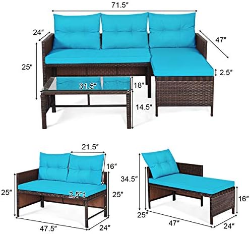 Tangkula Patio Corner Sofa Set 3 Piece, Outdoor Rattan Sofa Set, Includes Lou...