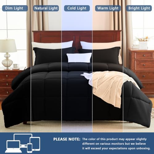 CozyLux King Size Comforter Set, 3-Piece Box-Stitched, Black