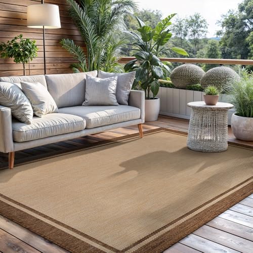 CAMILSON Outdoor Rug 5x7 Bordered Natural Brown Modern Area Rugs for Indoor a...