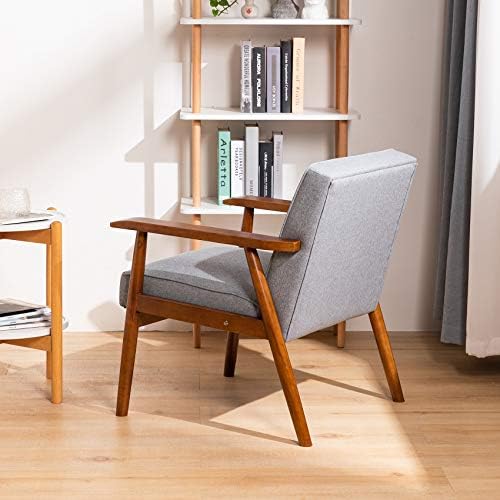 UNICOO – Leisure Chair Solid Wood Armrest Accent Chair, Fabric Upholstered Wo...