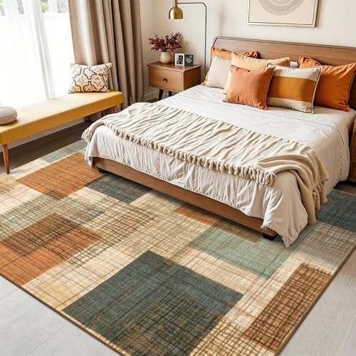 8x10 Washable Area Rug for Living Room Modern Geometric Patchwork Orange