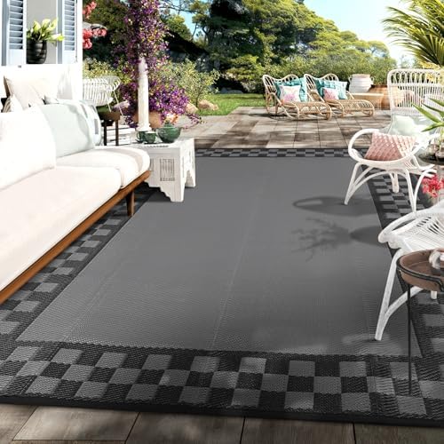 Outdoor Rug 8x10 Waterproof Patio Rugs Modern Checkered Reversible Mat for Fr...
