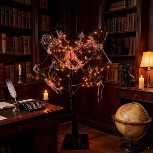 HipTree Lighted Black Halloween Tree 4ft with 150LED Orange Purple Lights
