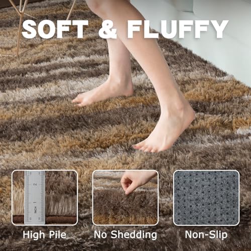 5x7 Abstract Brown Fluffy Rug for Bedroom Living Room Washable Non-Slip