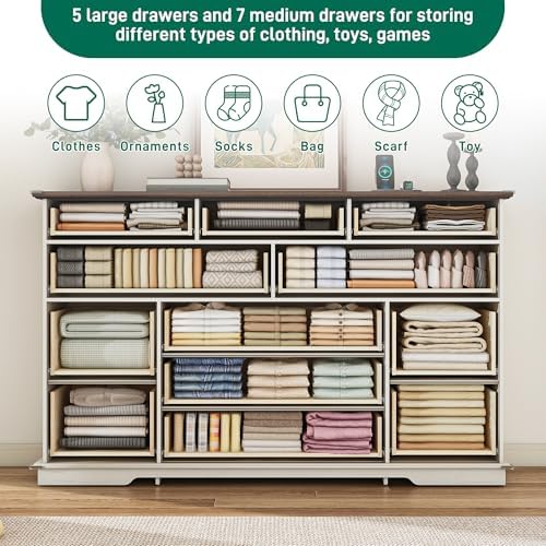 jiteentarou Tall Farmhouse 12 Drawer Dresser for Bedroom,63” Wood Dresser &am...
