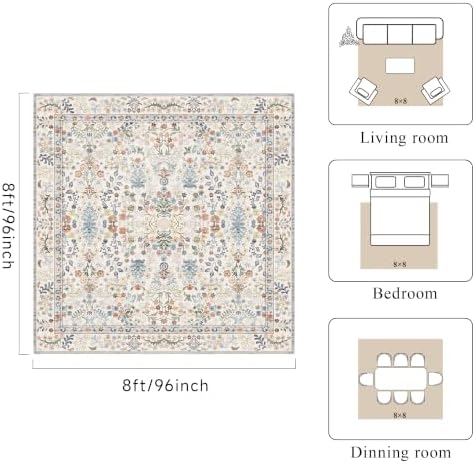 Vintage 8x8 Square Area Rug: Washable Boho Rug Soft Low-Pile Carpet Beige