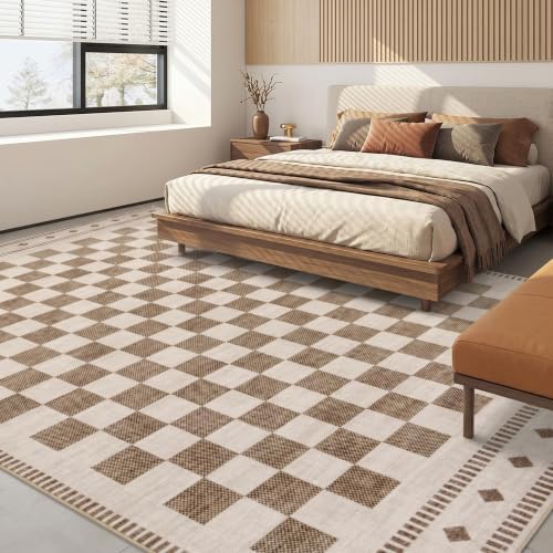 Garvee Large Checkered 10x14 Rug for Living Room Washable Non Slip, Beige