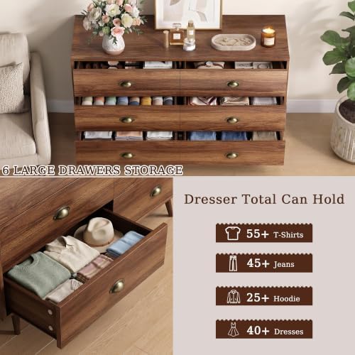 Walnut 6 Drawer Dresser for Bedroom, 47" Wood Dresser with Gold Handles.