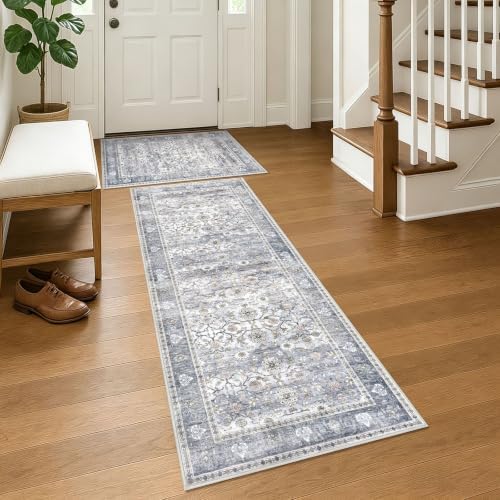 KUTA Vintage Floral Kitchen Rugs Sets of 2PCS 2x3 and 2x6 Grey Blue