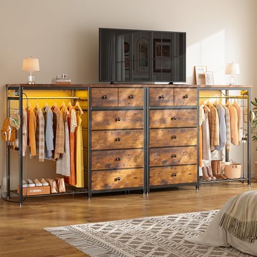 EnHomee 49.2" W Dresser with Hanging Rack & 6 Drawers, Grid Panel &a...