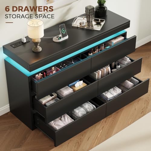 6 Drawer Dresser with LED Lights and Charging Station, Modern Black Dresser