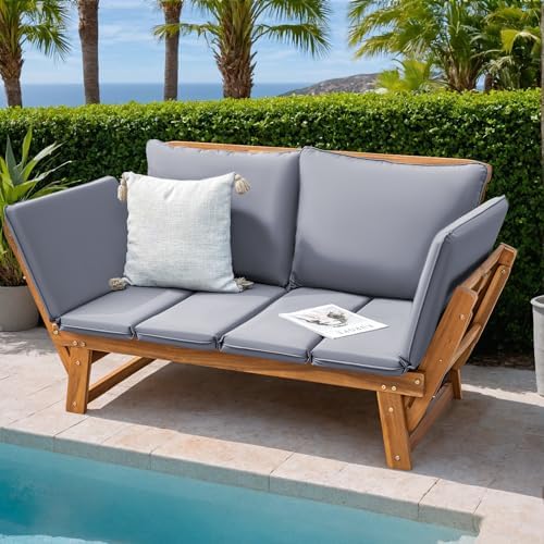 Greesum Patio Convertible Couch Sofa Bed with Adjustable Armrest, Acacia Wood...