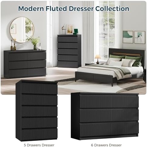 Jocoevol 5 Drawer Dresser, 43" Tall Dresser Chest of Drawers Fluted Desi...