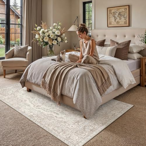 PureCozy Beige 8x10 Area Rug Washable Vintage Distressed