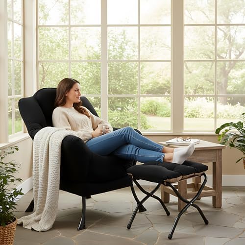 Welnow Lazy Chair with Ottoman, Reading Chair with Footrest,Matte Black