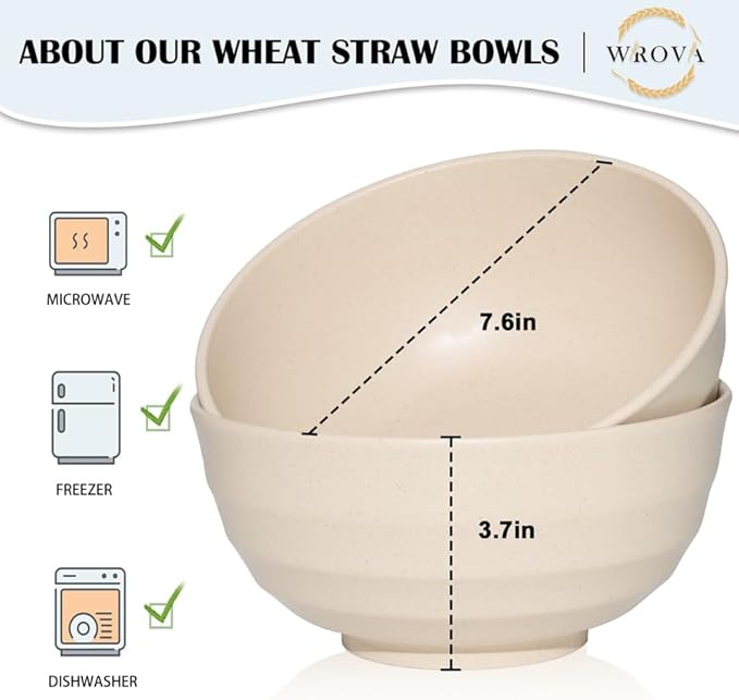 Wrova Wheat Straw Bowls Set 60 OZ, Unbreakable Large Beige Bowls Set of 6 - Image 2