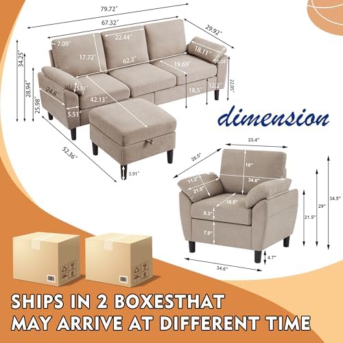 3 Piece Convertible Sectional Sofa Set, Modern Linen Small L Shaped Couch wit...