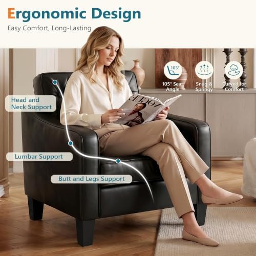 Black Accent Chairs Set 2, Faux Leather Armchair, Mid Century Modern Lobby