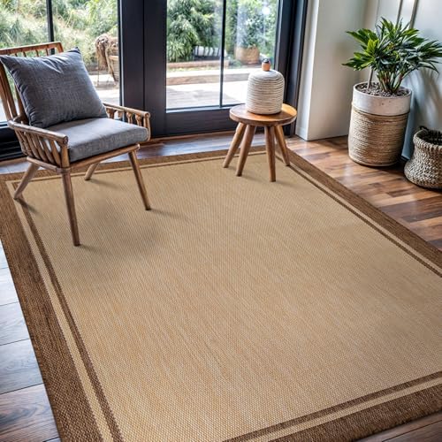 CAMILSON Outdoor Rug 5x7 Bordered Natural Brown Modern Area Rugs for Indoor a...