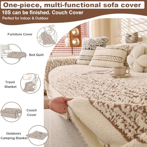 ROOMLIFE Thicked Striped Boho Khaki Couch Cover for 2-3 Cushion Sofa, Fuzzy P...