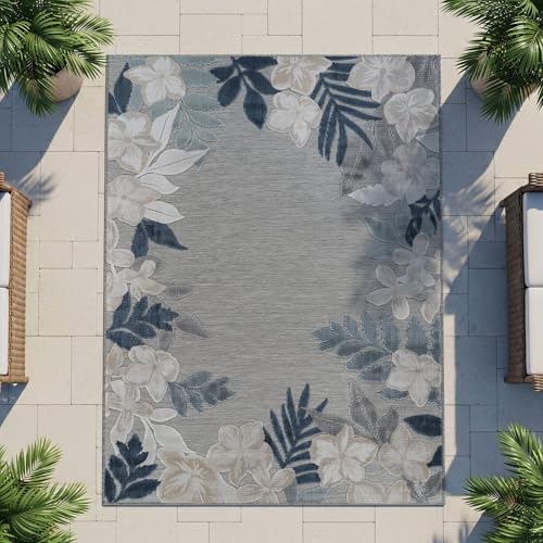 Outdoor Rug 6x9 Washable Area Rugs Indoor Outdoor Carpets Blue Border Floral ...