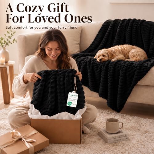 HIMEET Black Queen Size Blanket for Bed, 300GSM Ribbed Fleece, 90 x 90 in