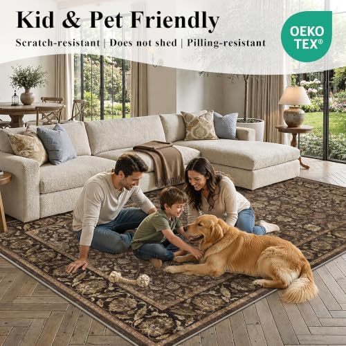 Washable 8x10 Living Room Non-Slip Area Rug Retro Brown Large Carpet